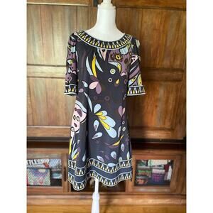 BCBGMaxazria Size Small Dress 1970's Retro Style Black‎ with Multi Colors